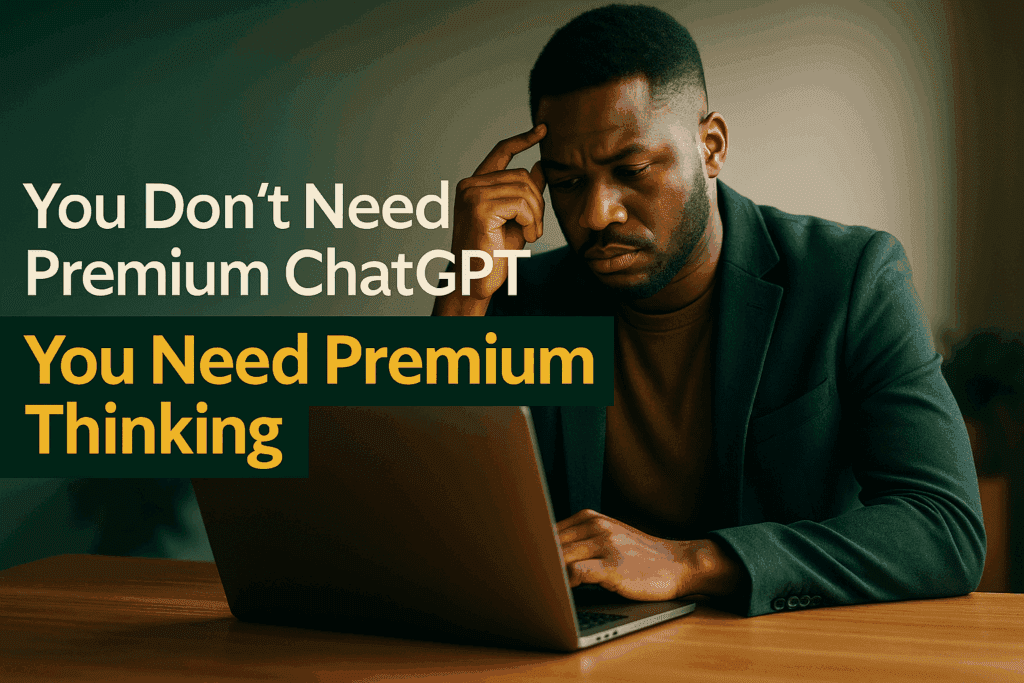 African entrepreneur thinking deeply with laptop — You Don’t Need Premium ChatGPT — You Need Premium Thinking.
